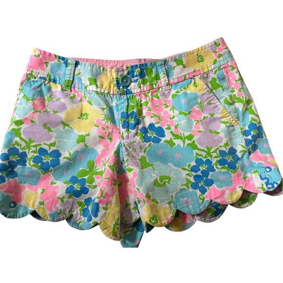 Lilly Pulitzer Buttercup Shorts Scalloped Hem Floral Pastels Size 0 Cotton Blend - Picture 2 of 10